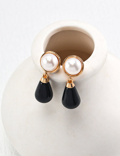 Stylish Black Agate and Pearl Sterling Silver Earrings