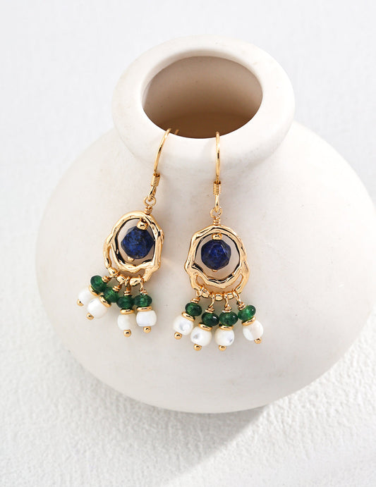 Vibrant Elegance: Vintage Lapis Lazuli and Emerald Beaded Sterling Silver Earrings