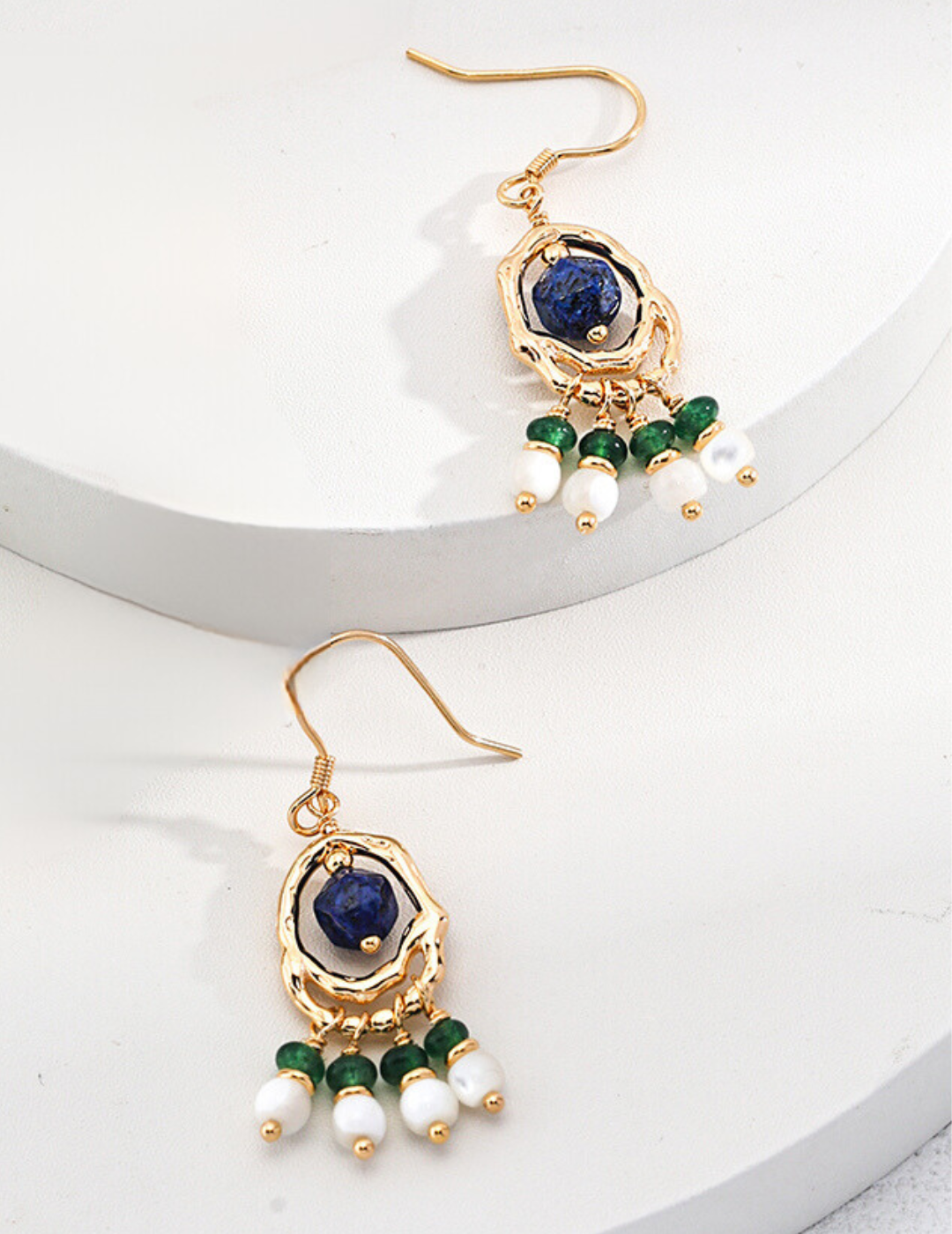 Vibrant Elegance: Vintage Lapis Lazuli and Emerald Beaded Sterling Silver Earrings