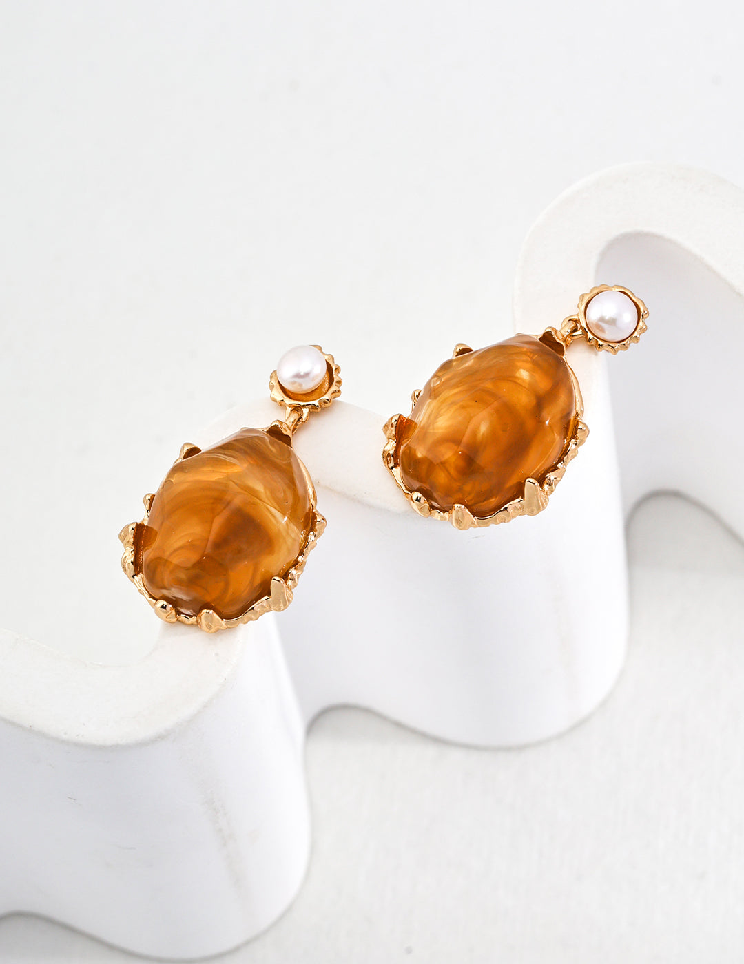 Amber Glow Resin and Pearl Sterling Silver Earrings