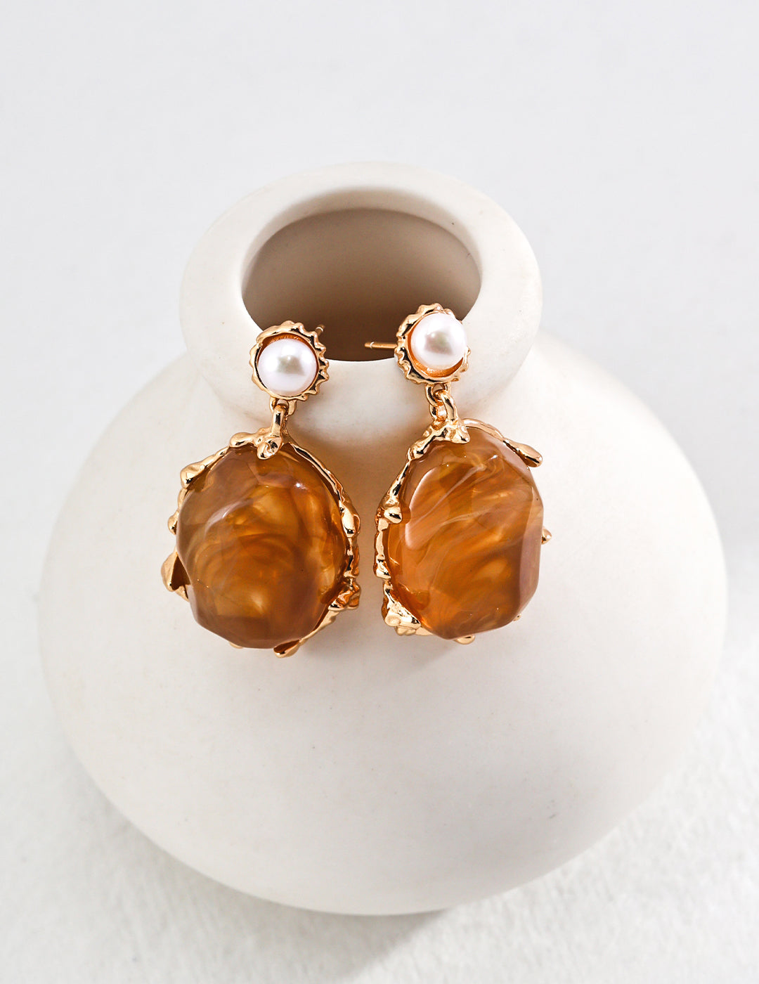 Amber Glow Resin and Pearl Sterling Silver Earrings