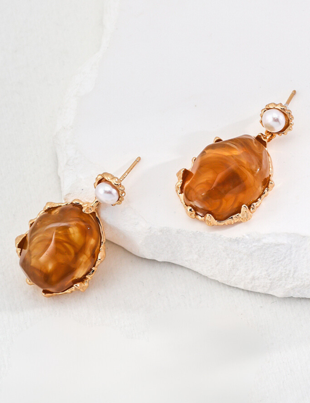 Amber Glow Resin and Pearl Sterling Silver Earrings