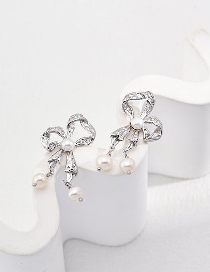 Delicate Pearl and Zircon Embellished Sterling Silver Butterfly Earrings