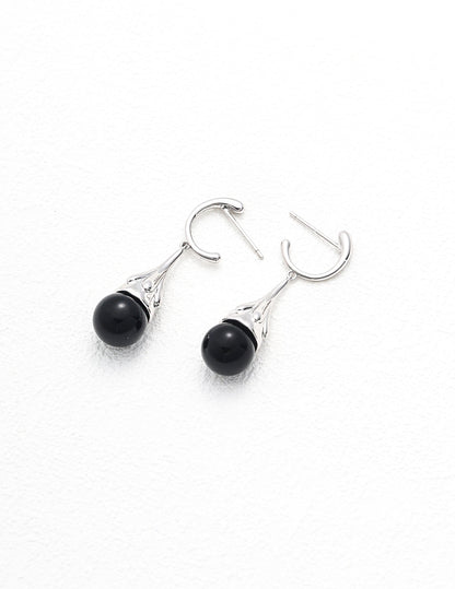 Classy Sterling Silver Medium-Length Black Agate Earrings