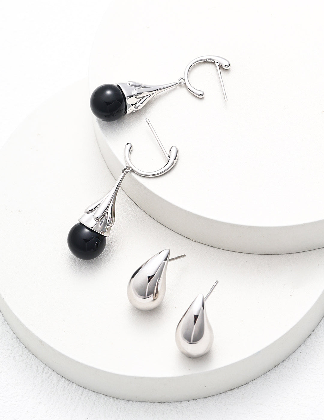 Classy Sterling Silver Medium-Length Black Agate Earrings