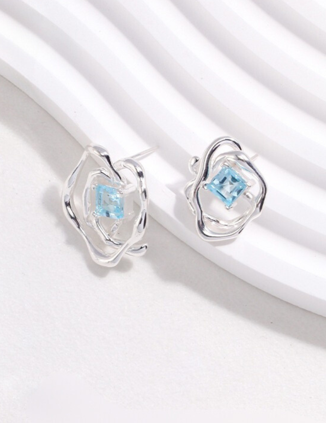 Asymmetrical Sea Blue Topaz and Sterling Silver Earrings