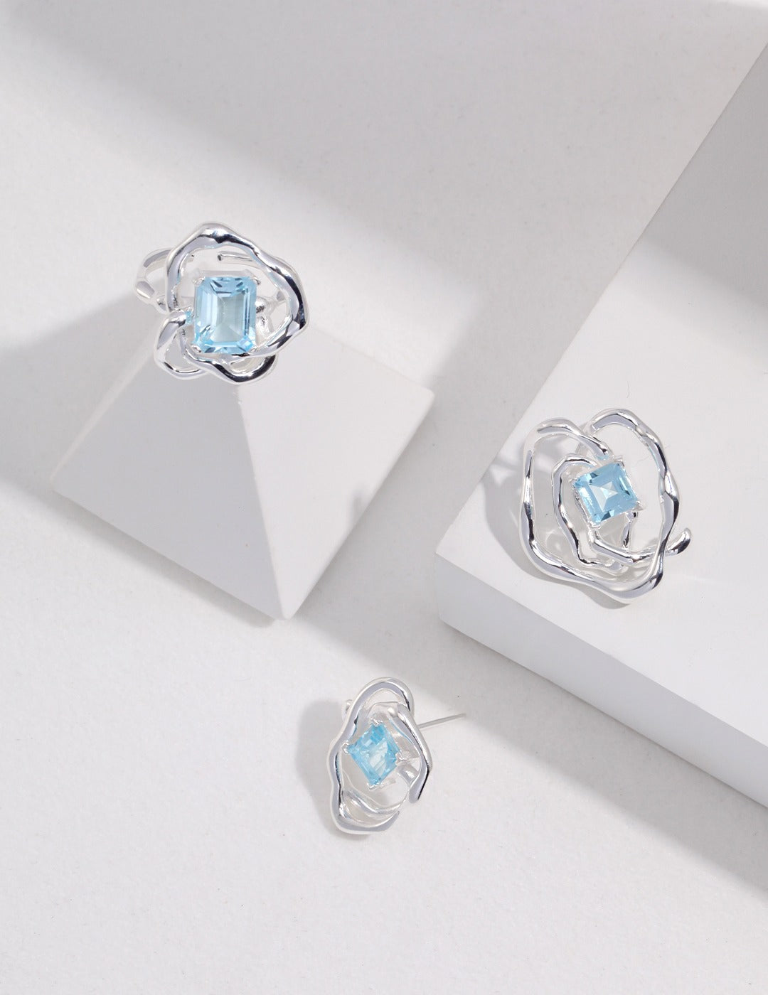 Asymmetrical Sea Blue Topaz and Sterling Silver Earrings