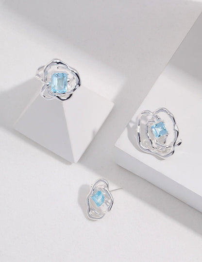 Asymmetrical Sea Blue Topaz and Sterling Silver Earrings