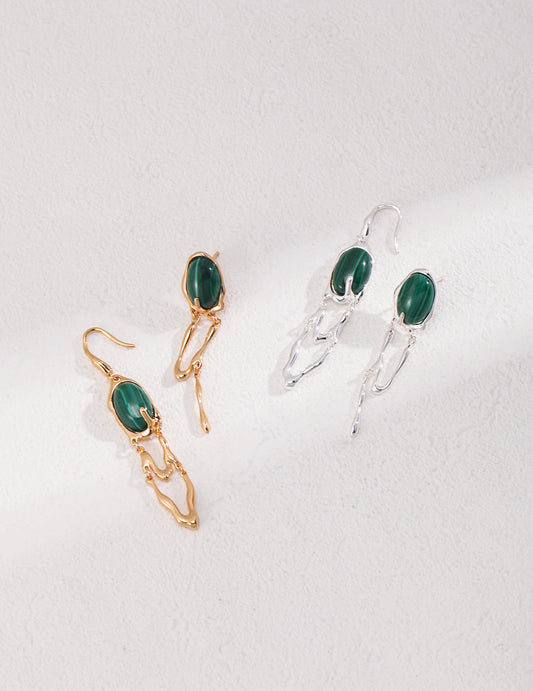 Avant-Garde Asymmetrical Sterling Silver Earrings with Malachite and Black Agate