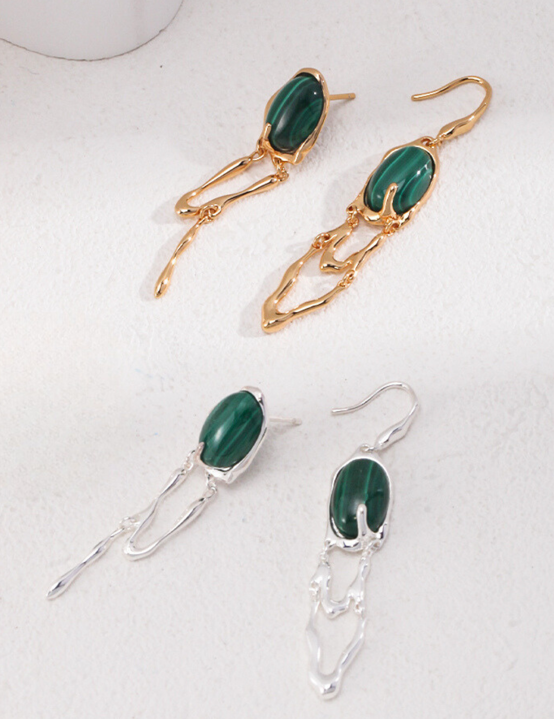 Avant-Garde Asymmetrical Sterling Silver Earrings with Malachite and Black Agate