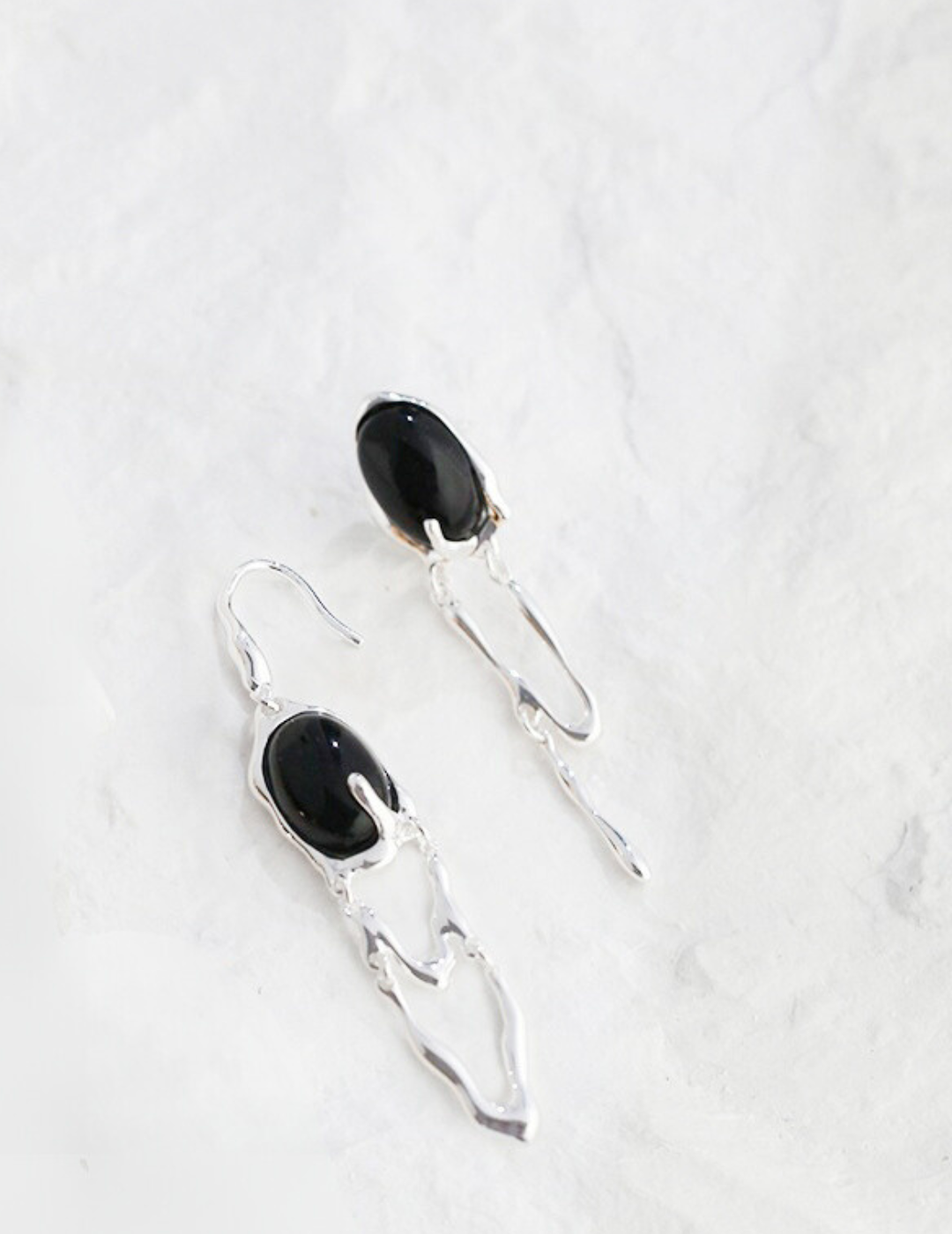 Avant-Garde Asymmetrical Sterling Silver Earrings with Malachite and Black Agate