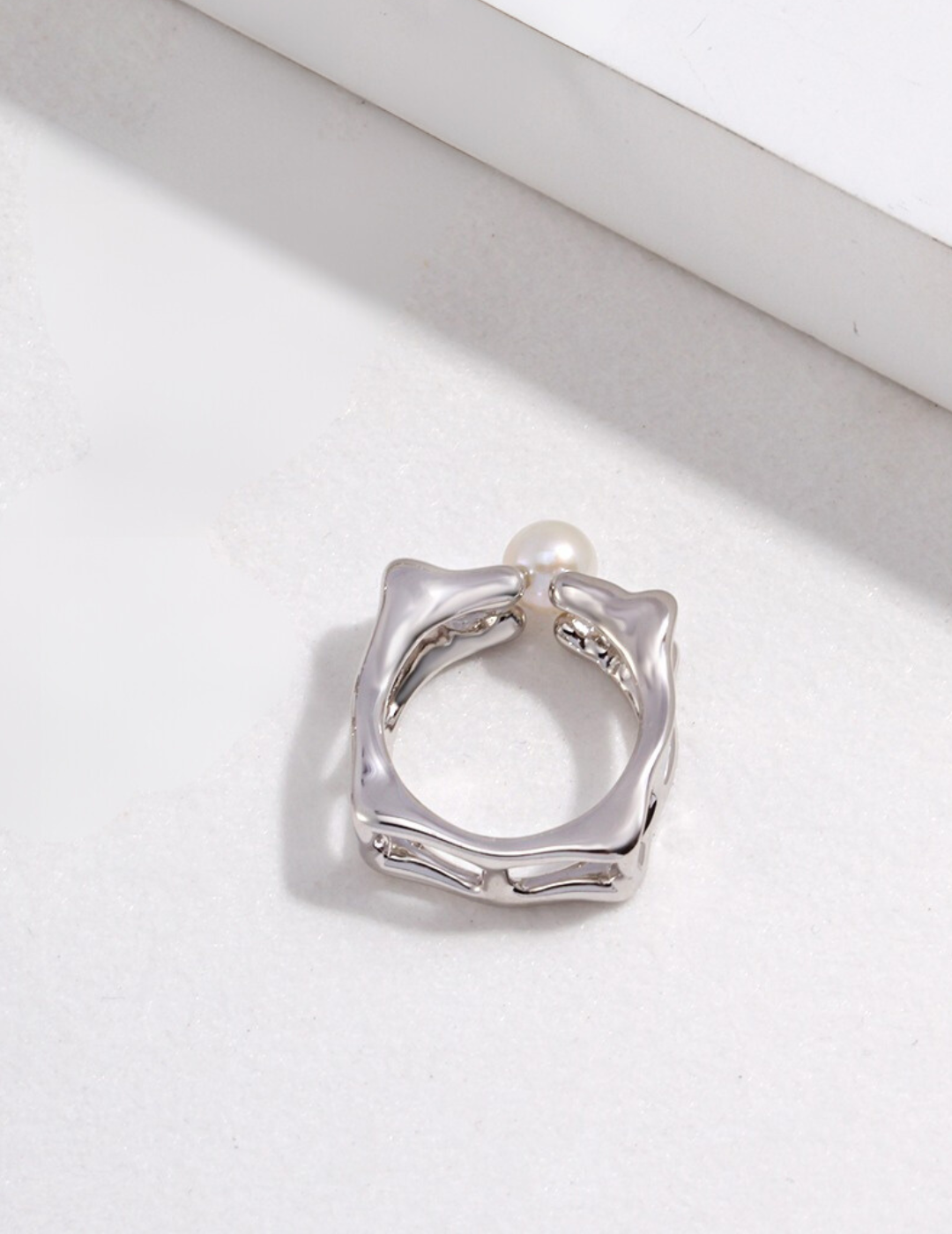 Fluid Square Sterling Silver Natural Pearl Ring