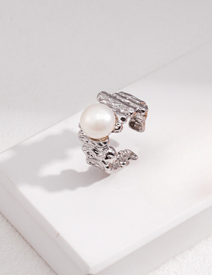 Avant-Garde Wide Texture Sterling Silver Pearl Ring