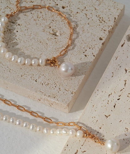 Chic Duo: Baroque Pearl Silver Spliced Bracelet