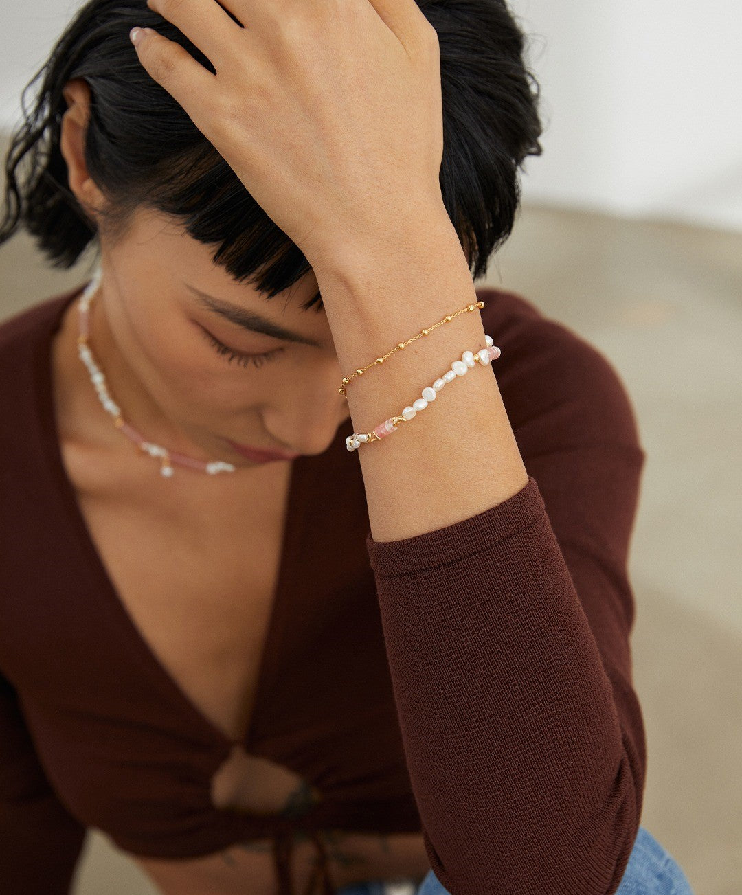 Pearl and Watermelon Ruby Blossom Bracelet