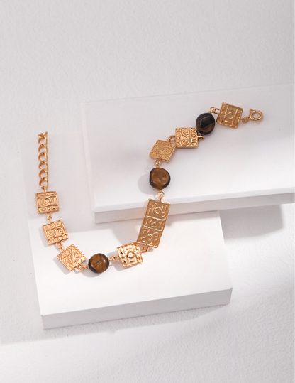 Tiger Eye Silver Bracelet with Gold-Plated Squares