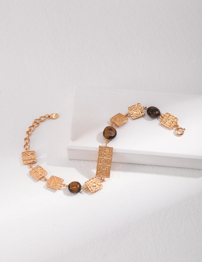 Tiger Eye Silver Bracelet with Gold-Plated Squares