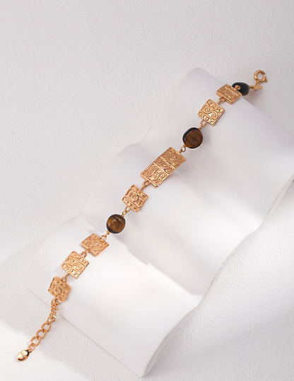 Tiger Eye Silver Bracelet with Gold-Plated Squares