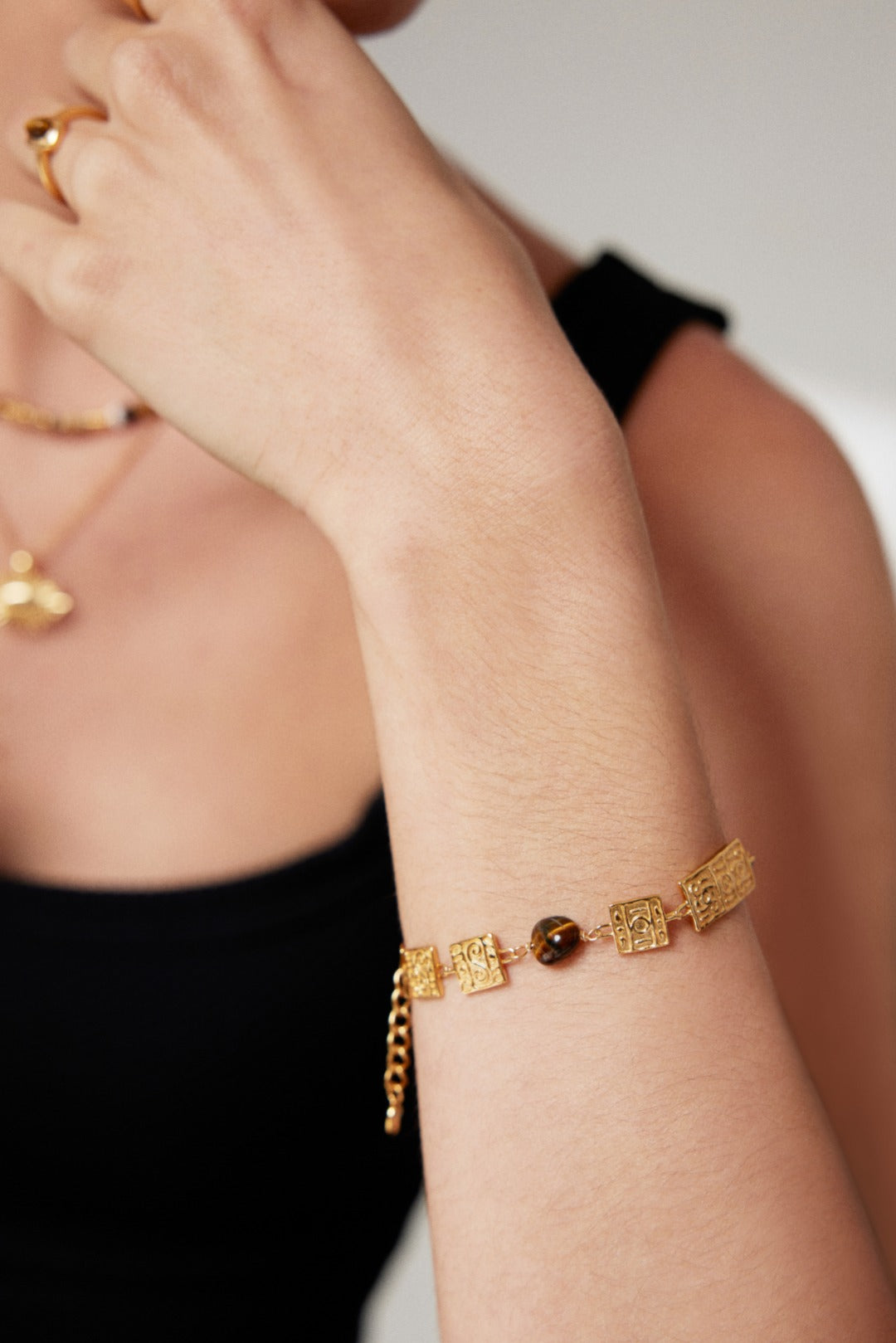 Tiger Eye Silver Bracelet with Gold-Plated Squares