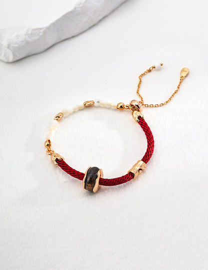 Brave Heart: Tiger Eye Stone Silver Silk Red Rope Bracelet