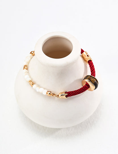 Brave Heart: Tiger Eye Stone Silver Silk Red Rope Bracelet