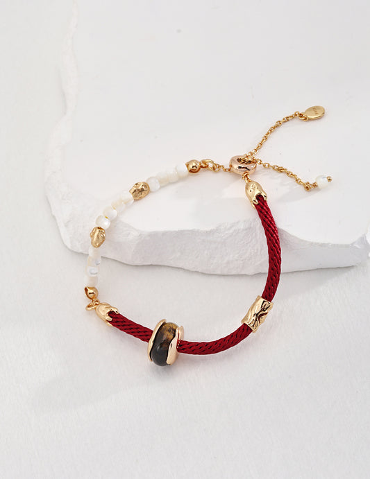 Brave Heart: Tiger Eye Stone Silver Silk Red Rope Bracelet