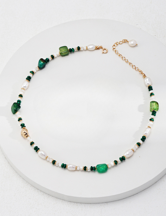 Emerald Dream: Unique Colorful Vintage Jade and Pearl Necklace