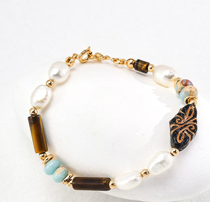 Forest Whispers Tiger's Eye Stone Bracelet with Shoushan Stone and Pearls