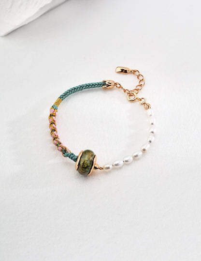 Green Serenity: Unakite Pearl Rope Bracelet