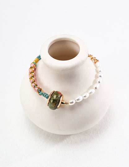 Green Serenity: Unakite Pearl Rope Bracelet