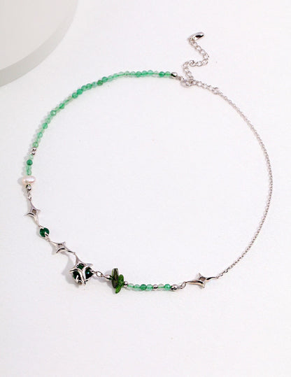 Bold Green Strawberry Crystal and Pearl Zircon Sterling Silver Four-Pointed Heart Necklace