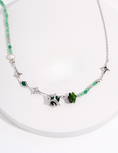 Bold Green Strawberry Crystal and Pearl Zircon Sterling Silver Four-Pointed Heart Necklace