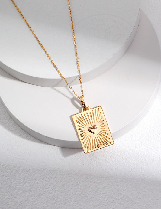 Solar Charm: Deluxe Retro Gold Small Square Heart Pendant Necklace in Sterling Silver