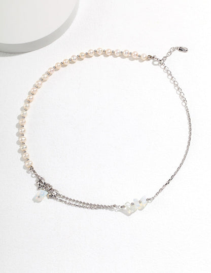 Modish Pearl and Sterling Silver Splicing Necklace with Irregular Opal Accents