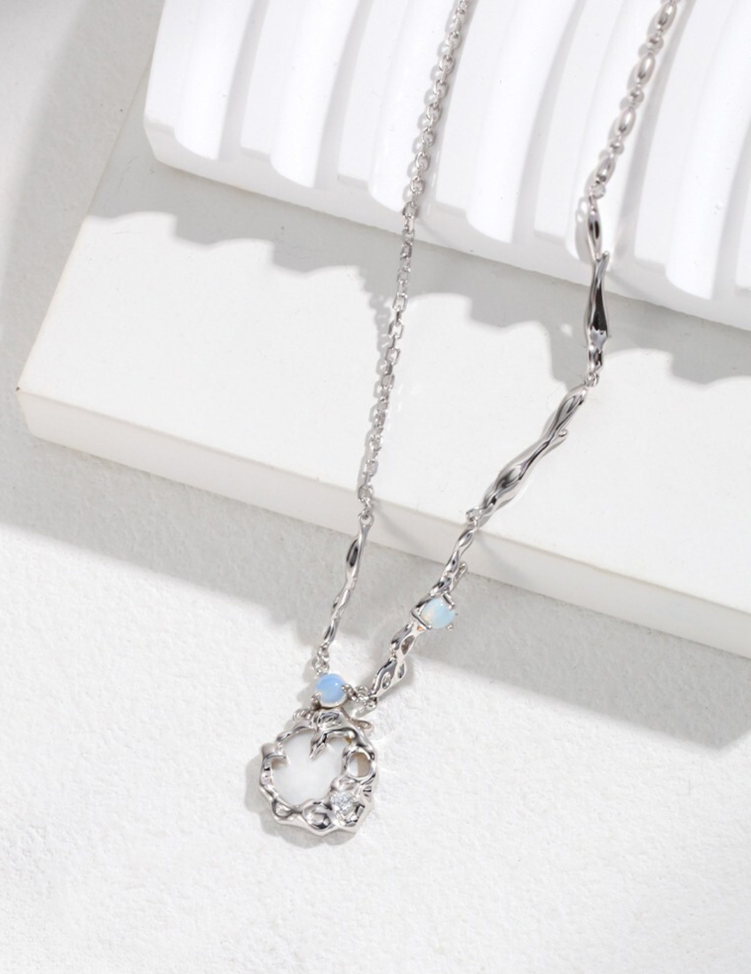 Moon Palace Elegance: Opal and Sterling Silver Mother-of-Pearl Pendant Necklace