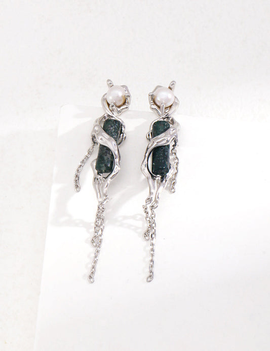 Serene Elegance: Water Grass Agate and Pearl Sterling Silver Tassel Earrings