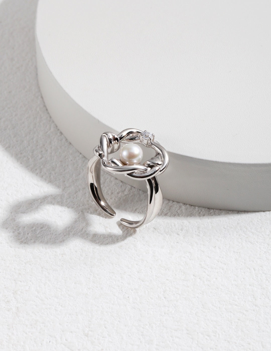 Ethereal Pearl and Zircon Flower Vine Silver Ring