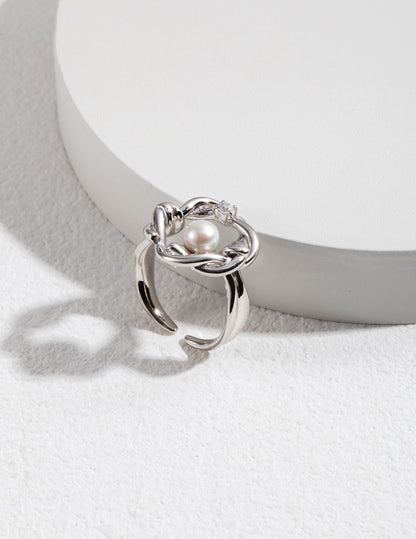 Ethereal Pearl and Zircon Flower Vine Silver Ring