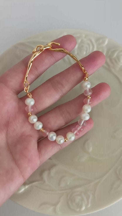 Sweetheart's Pearl and Pink Crystal Silver Bracelet