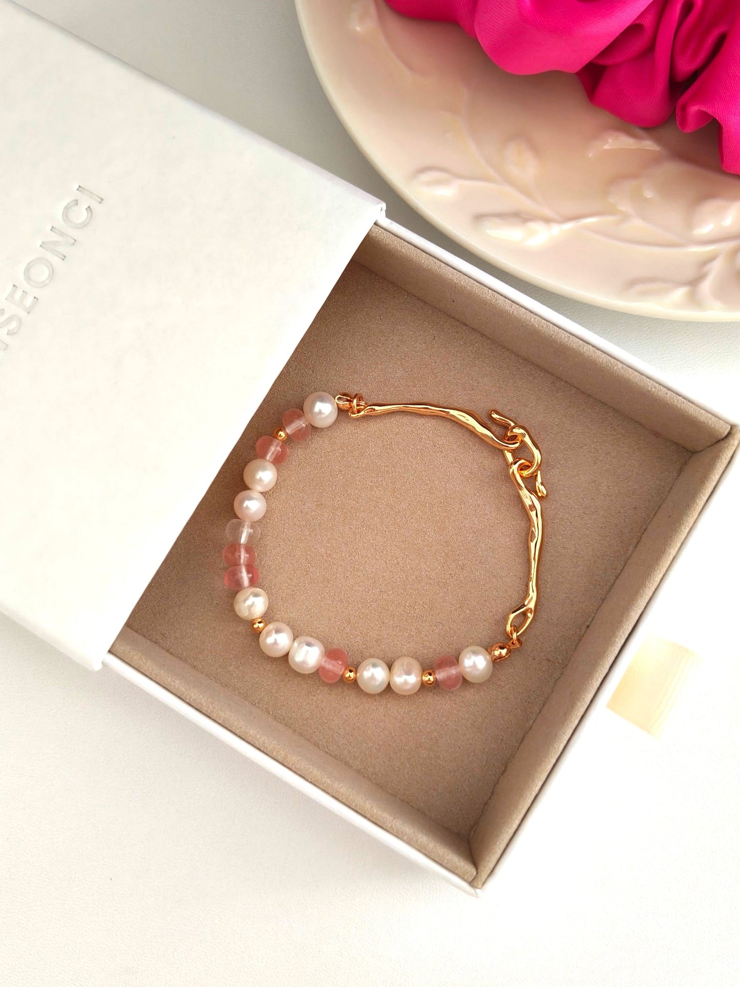 Sweetheart's Pearl and Pink Crystal Silver Bracelet